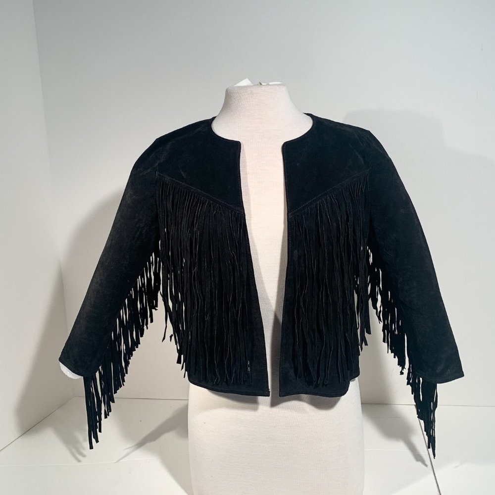 Womes Short Black Swede Fringe Jacket